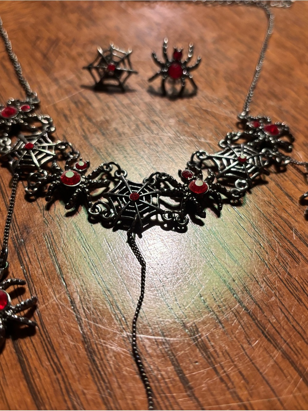 Gothic Black Metal Necklace/ Earrings with Red Gem Spiders & Webs